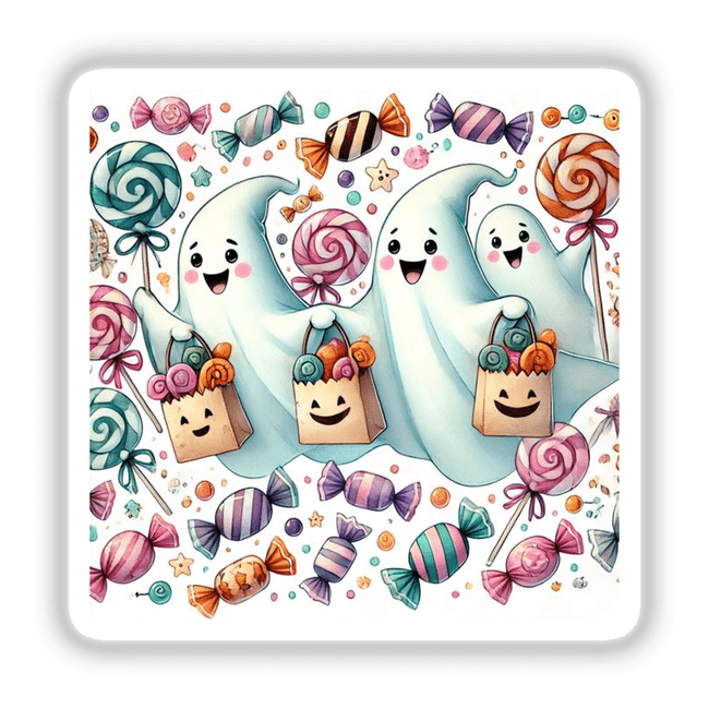 Trick-or-Treat - Ghosts and Candy Watercolor: Cartoon ghosts holding candy bags surrounded by various candies, available as stickers or digital artwork.