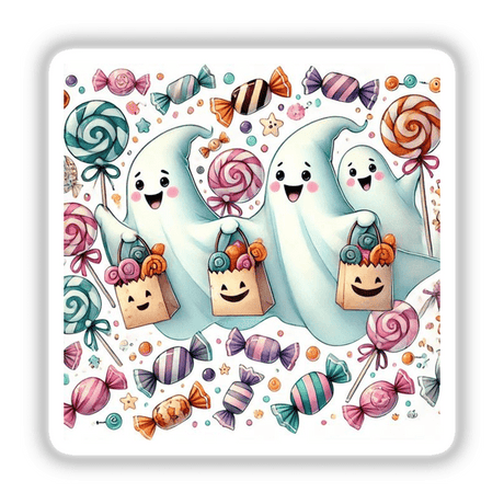 Trick-or-Treat - Ghosts and Candy Watercolor: Cartoon ghosts holding candy bags surrounded by various candies, available as stickers or digital artwork.
