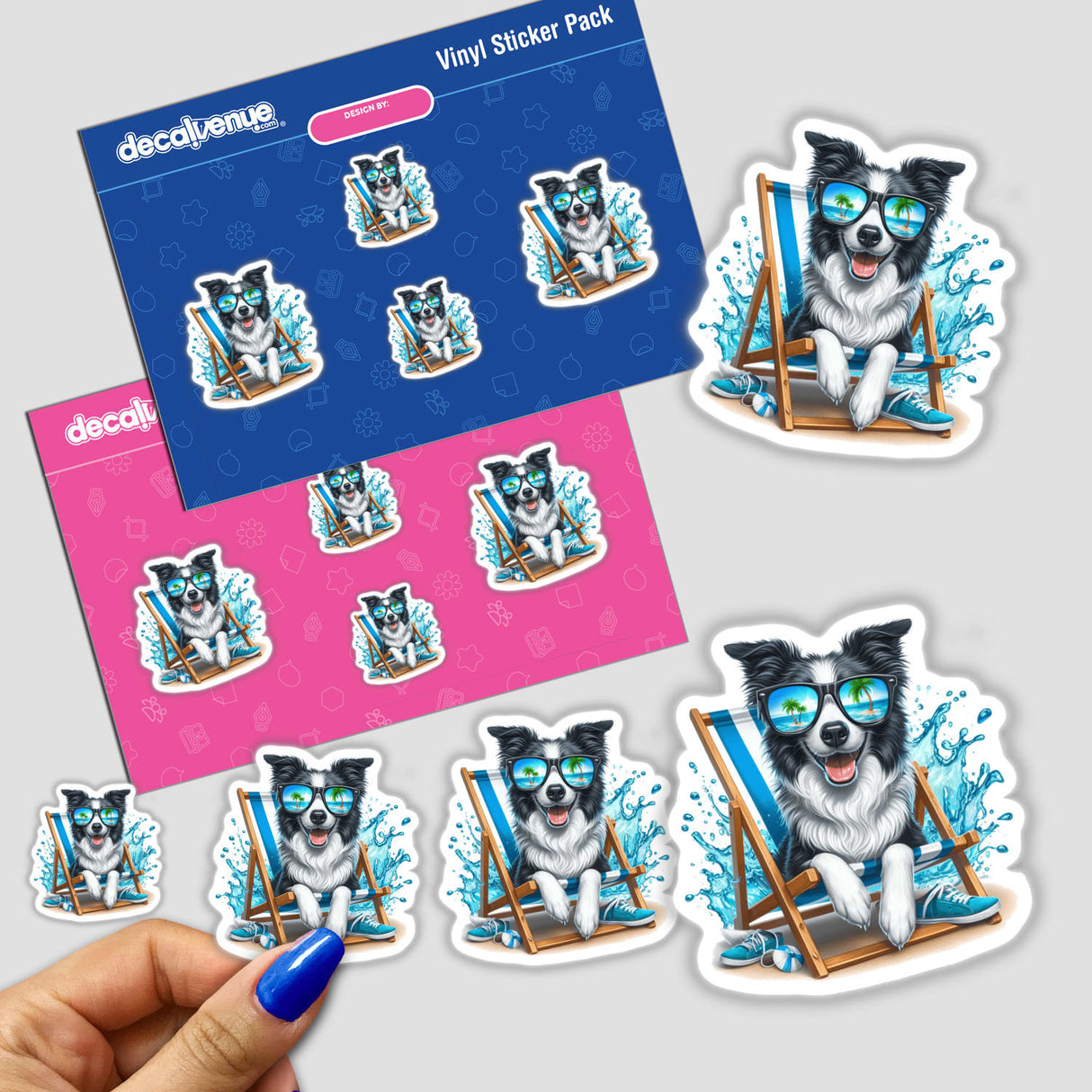 Peeking Border Collie in sunglasses sits in a beach chair, featured on a sticker from Decal Venue's collection of unique vinyl stickers and digital art.