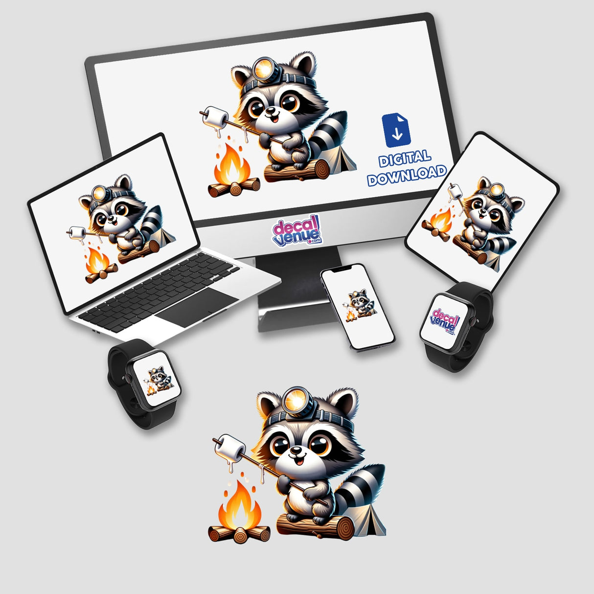 Raccoon Wearing Headlamp Roasting Marshmallows