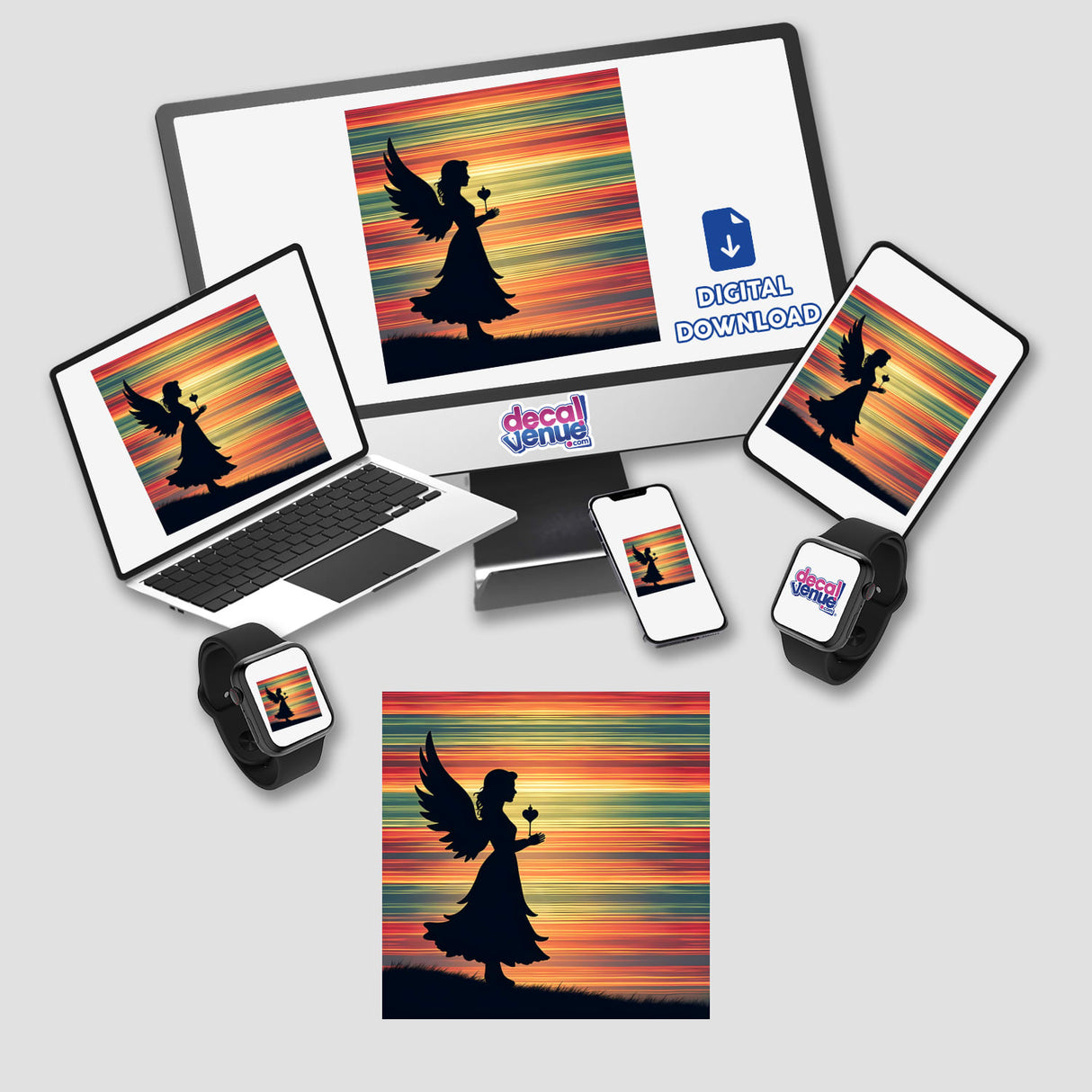 Angel Silhouette with Colorful Horizontal Stripes featured on a computer monitor, laptop, tablet, and phone, highlighting the diverse digital artwork options available.
