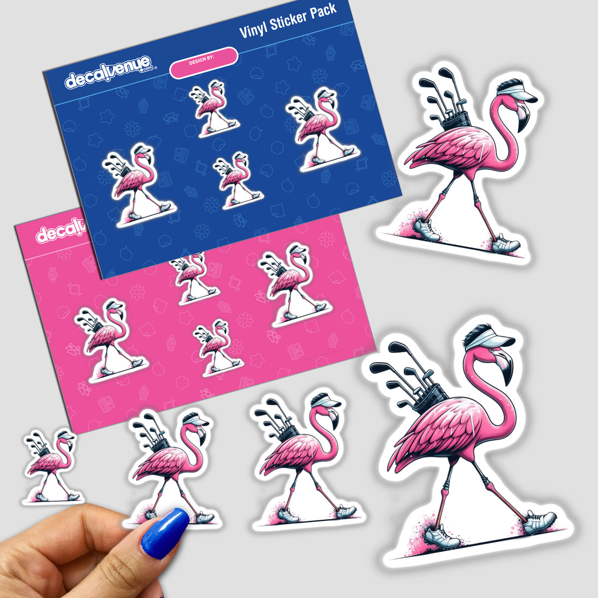 Flamingo Going Golfing sticker pack featuring whimsical flamingos with golf clubs. Available as vinyl stickers or digital artwork, perfect for adding a playful touch to any surface.