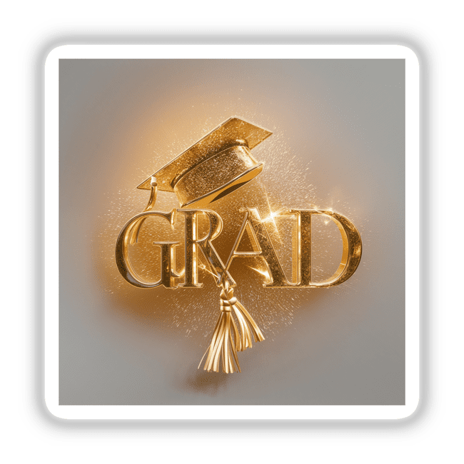 Shining gold graduation cap and text "GRAD" with tassels, signifying a celebratory achievement or academic milestone