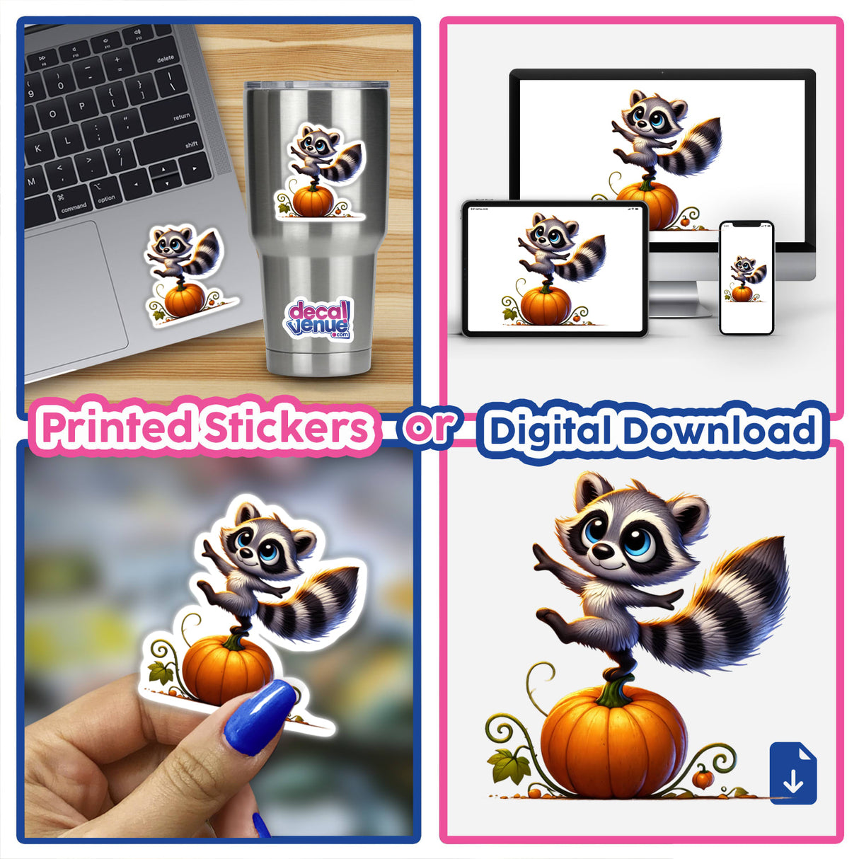 Raccoon Standing on Pumpkin sticker or digital artwork featuring a cartoon raccoon perched on a pumpkin, available from Decal Venue.