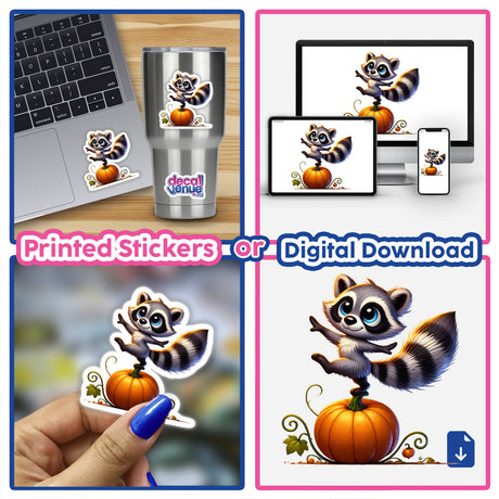 Raccoon Standing on Pumpkin sticker or digital artwork featuring a cartoon raccoon perched on a pumpkin, available from Decal Venue.