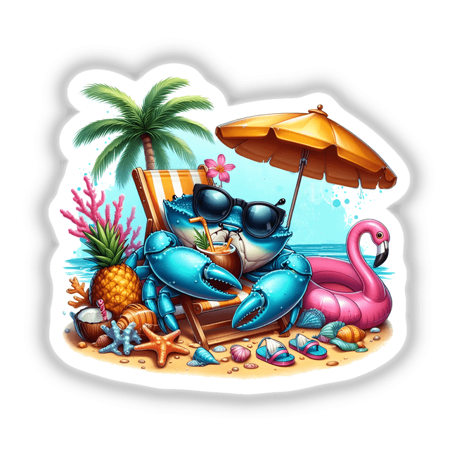 Tropical Blue Crab on Beach Sipping Drink illustration features a blue crab in sunglasses lounging under an umbrella with a coconut drink, surrounded by beach items like a flamingo float and seashells.