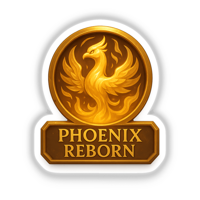 Phoenix Reborn – RPG-Style Skill Badge, featuring a dynamic gold flame crest, available as stickers or digital artwork from Decal Venue.
