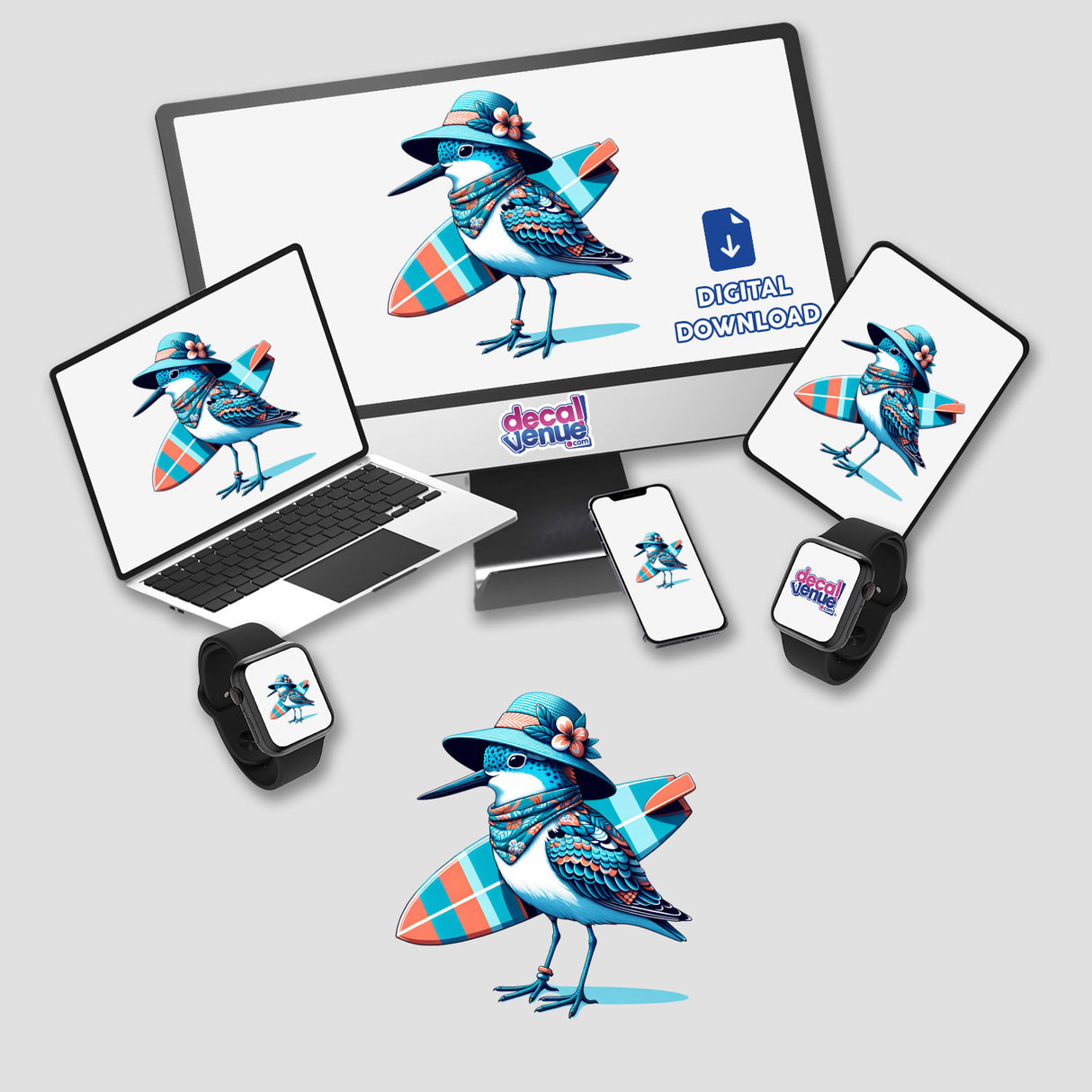 Sandpiper Bird Holding Surfboard in Summer Beach Hat