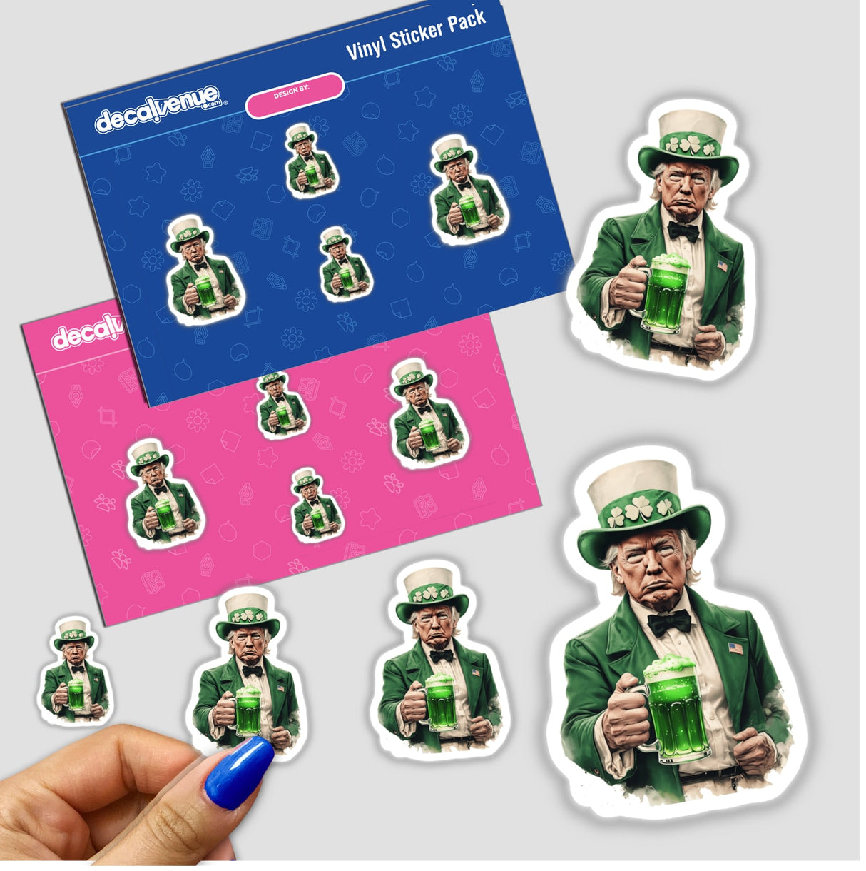 Leprechaun Trump cartoon, in a green suit, holds a green beer mug. Available as stickers or digital artwork, reflecting Decal Venue's unique vinyl and digital art offerings.