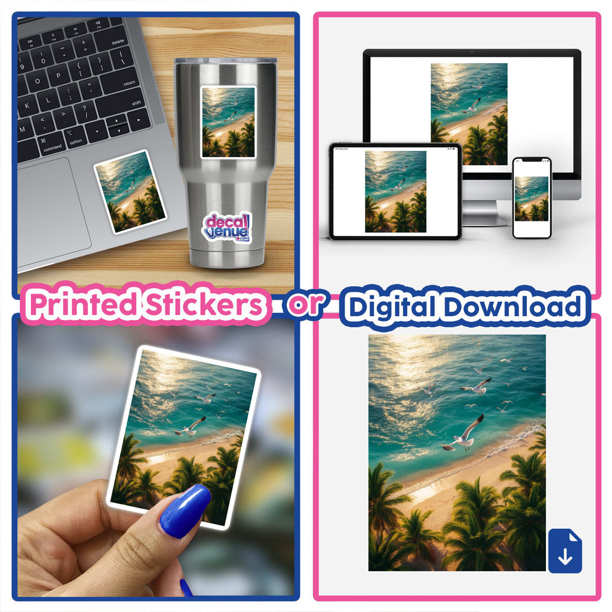 Sunset Serenity Seagulls Over Tropical Shores: A collage featuring a beach, seagulls, and digital artwork on a laptop, available as stickers or digital art.