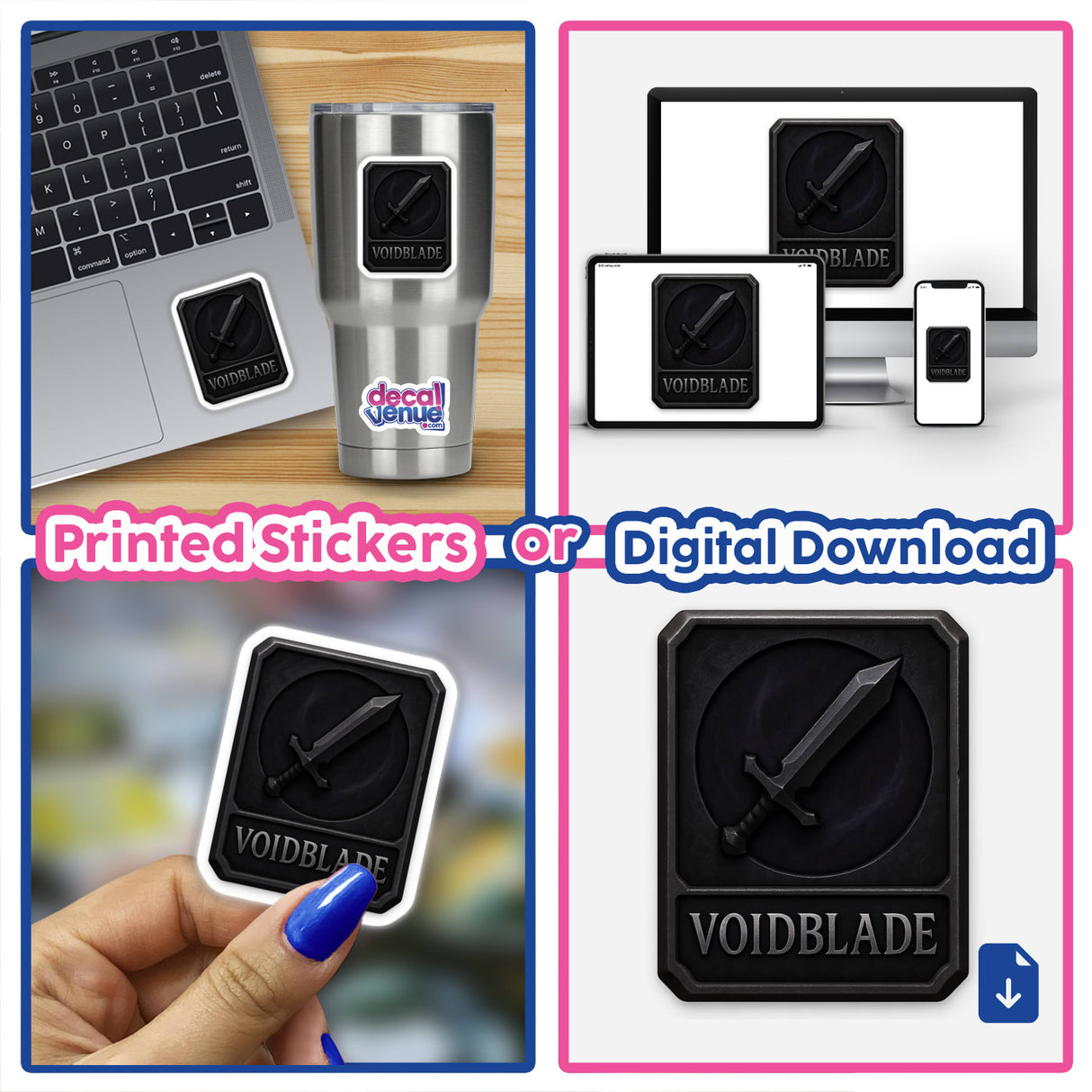 Voidblade – RPG-Style Skill Badge featuring a dark silver shadow sword emblem, available as stickers or digital artwork, reflecting Decal Venue's unique vinyl and digital art offerings.