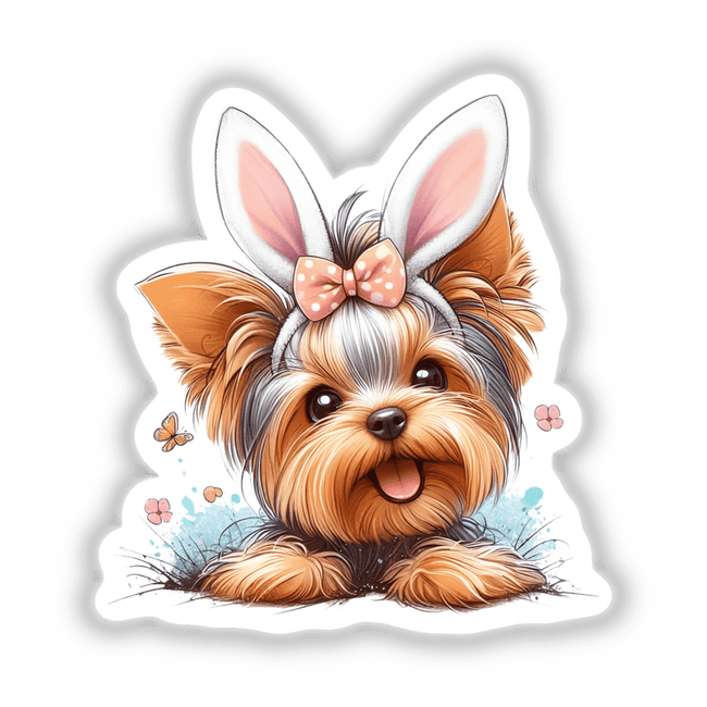 Peeking Yorkie Easter Bunny Ears: A cartoon terrier with playful bunny ears, available as stickers or digital artwork, capturing the whimsical essence of Decal Venue’s unique vinyl stickers and digital art offerings.
