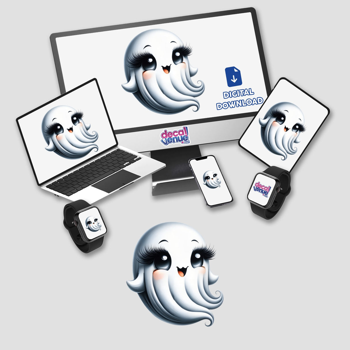 Cute Ghost with Eyelashes sticker or digital artwork featuring a cartoon ghost with long eyelashes on a laptop screen, perfect for adding a whimsical touch to your devices.