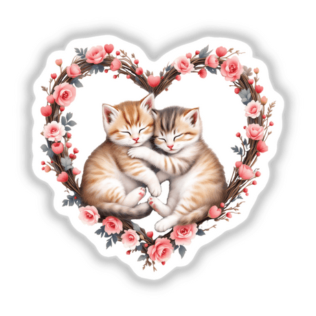 Snuggling Kittens in a Heart Wreath depicting two cats embracing within a floral heart frame, ideal for vinyl stickers or digital art, capturing warmth and love for cat enthusiasts.