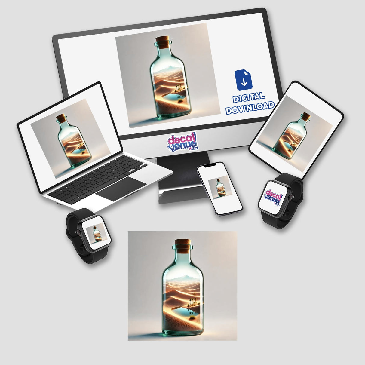 Desert Mirage - Sand Dunes Inside a Glass Bottle displayed on multiple devices including a computer monitor, laptop, tablet, and smartphone, emphasizing the versatility of the stickers or digital artwork.
