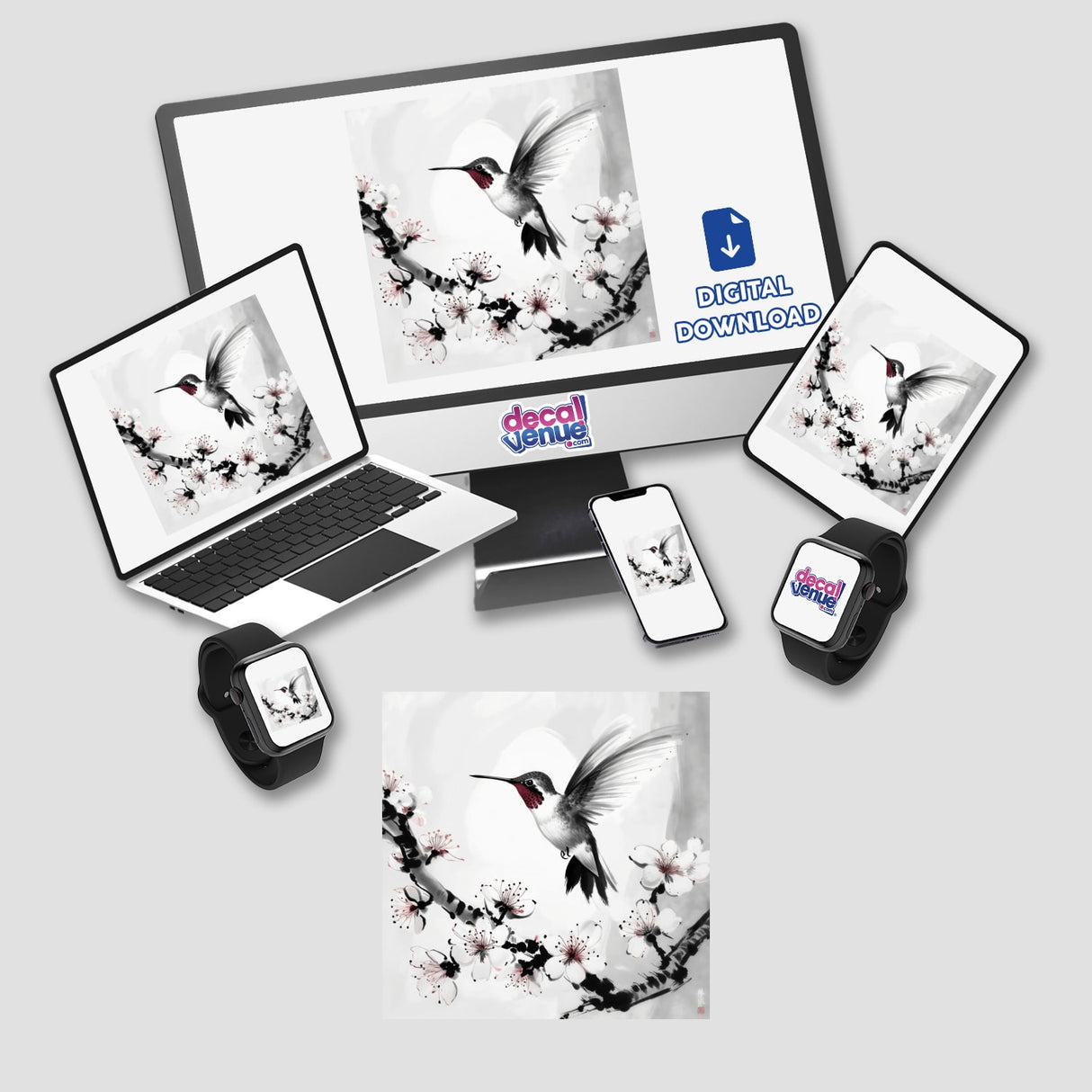 Sumi-e Hummingbird in Flight Over Plum Blossoms Japanese Ink Art, available as stickers or digital artwork, captures a delicate hummingbird elegantly hovering near blooming plum branches.