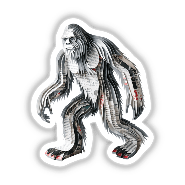 Sasquatch Newspaper Art: A detailed paper cut-out of a yeti, available as stickers or digital artwork.