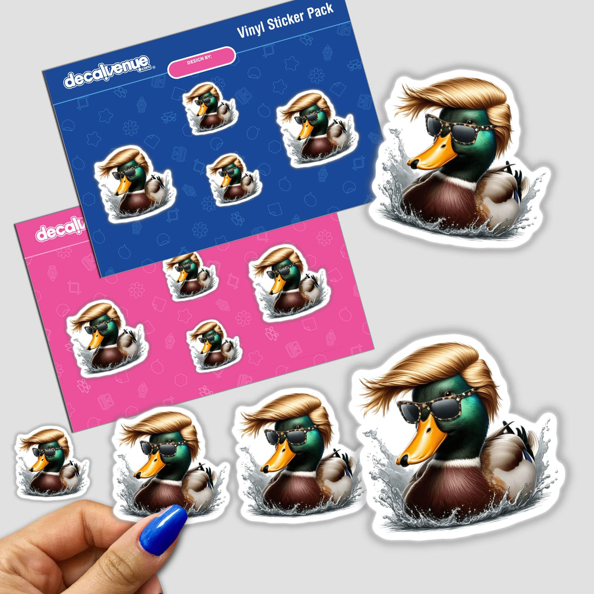 Mallard Duck Trump Hair sticker pack features cartoon ducks wearing sunglasses, highlighting a humorous design. Available as stickers or digital artwork, perfect for adding fun to any surface.