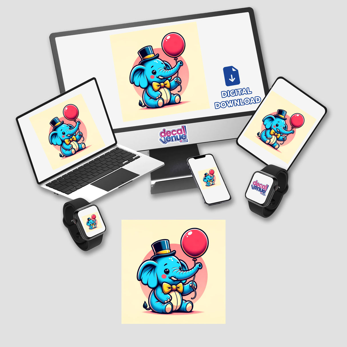 Friendly Elephant with Balloon and Bow Tie displayed on a computer monitor and laptop, showcasing charming cartoon artwork available as stickers or digital artwork from Decal Venue.