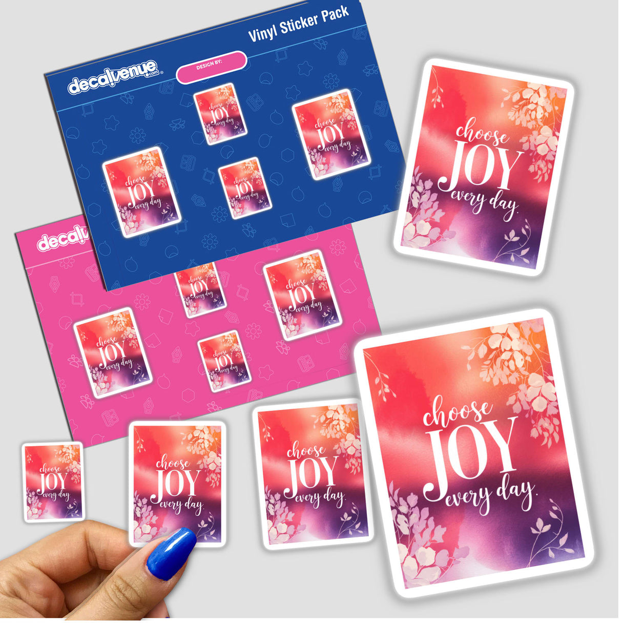 Sticker pack titled Choose joy every day, featuring various designs, held in a hand, showcasing the vibrant, unique vinyl decals available at Decal Venue.