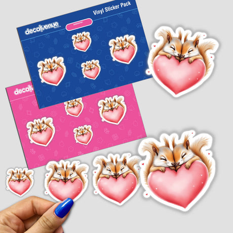 Snuggling Squirrels on a Heart sticker pack featuring two squirrels embracing a heart, embodying love and friendship, ideal for journals or scrapbooks.