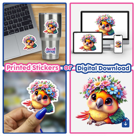 Charming Parrot Wearing a Colorful Flower Crown sticker on various items, showcasing vibrant parrot with floral accents, perfect for personalizing belongings or digital collections.