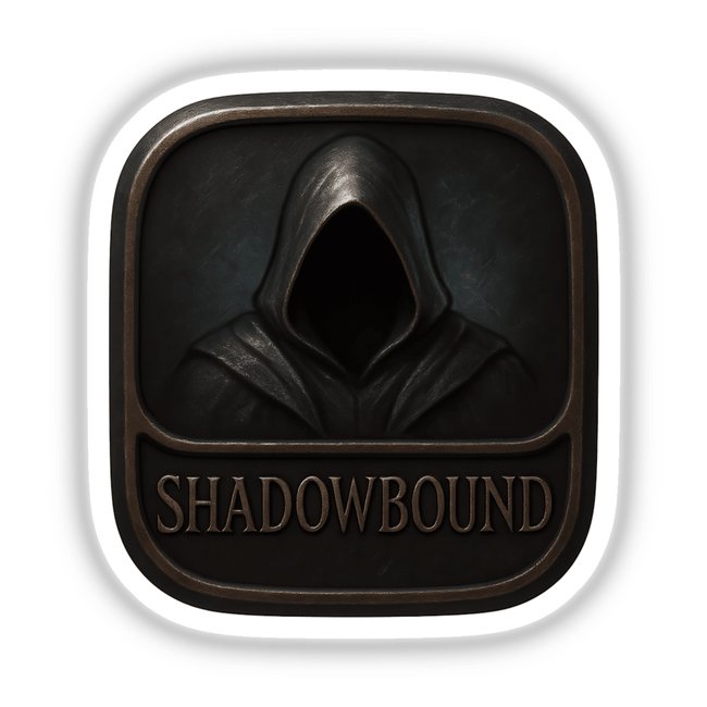 Shadowbound – RPG-Style Skill Badge features intricate dark silver stealth emblem design, available as vinyl sticker or digital artwork, perfect for gamers and collectors seeking unique decor elements.