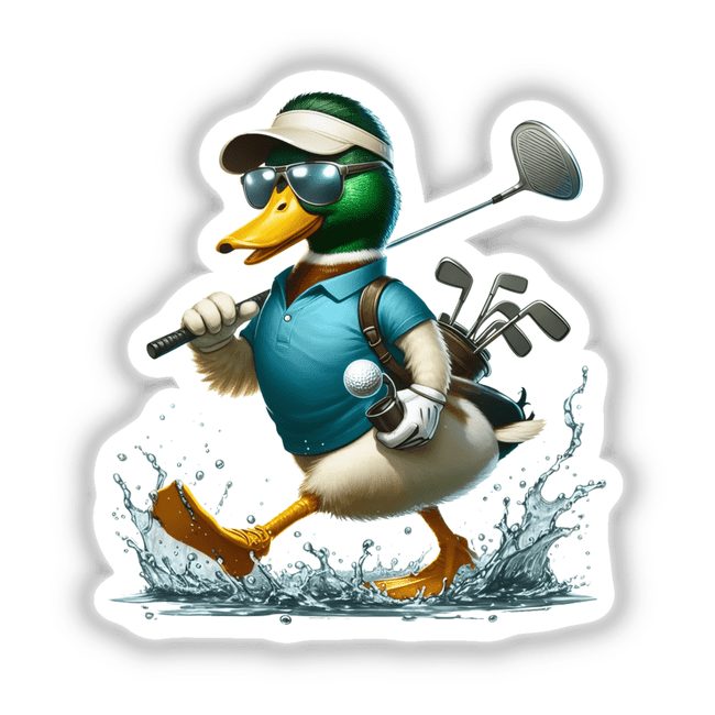 Sporty Mallard Duck Going Golfing: A cartoon duck in a golf outfit, sunglasses, and visor, holding a golf club. Available as stickers or digital artwork from Decal Venue.