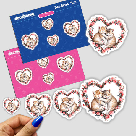 Snuggling Kittens in a Heart Wreath sticker, featuring two cats hugging in a heart-shaped frame. Perfect for adding charm to personal items like notebooks and laptops.