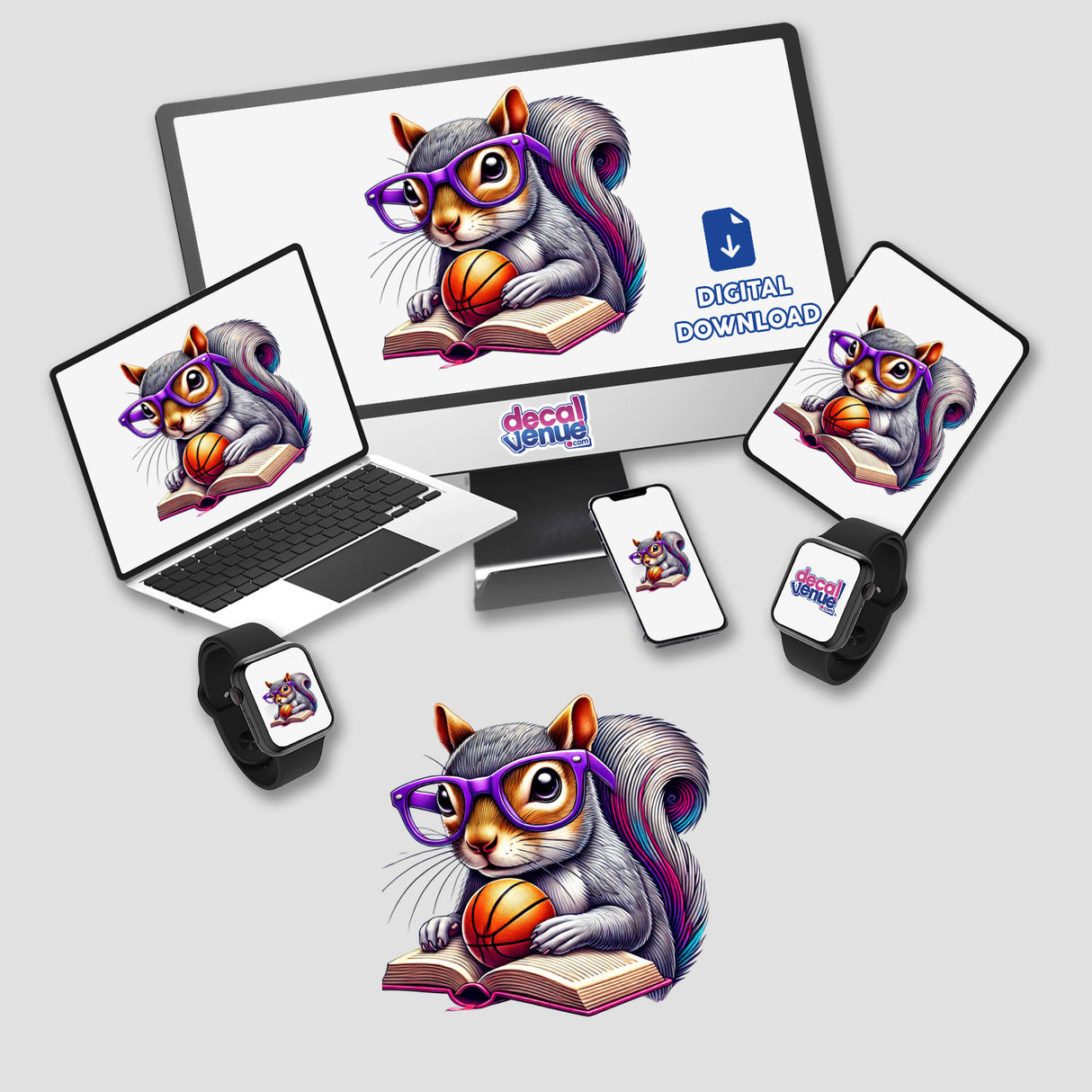 Squirrel Reading a Book with Purple Glasses and Basketball displayed on a laptop and monitor, available as stickers or digital artwork from Decal Venue.