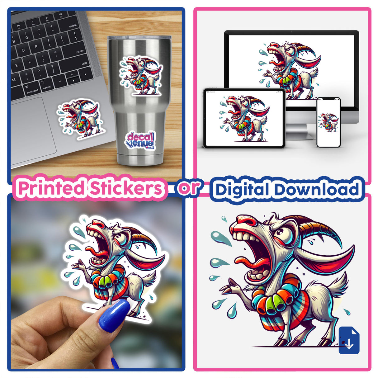 Overdramatic Goat Yelling seen as a collage of cartoon goat stickers, a person applying a sticker, and digital art on a laptop, offered by Decal Venue.