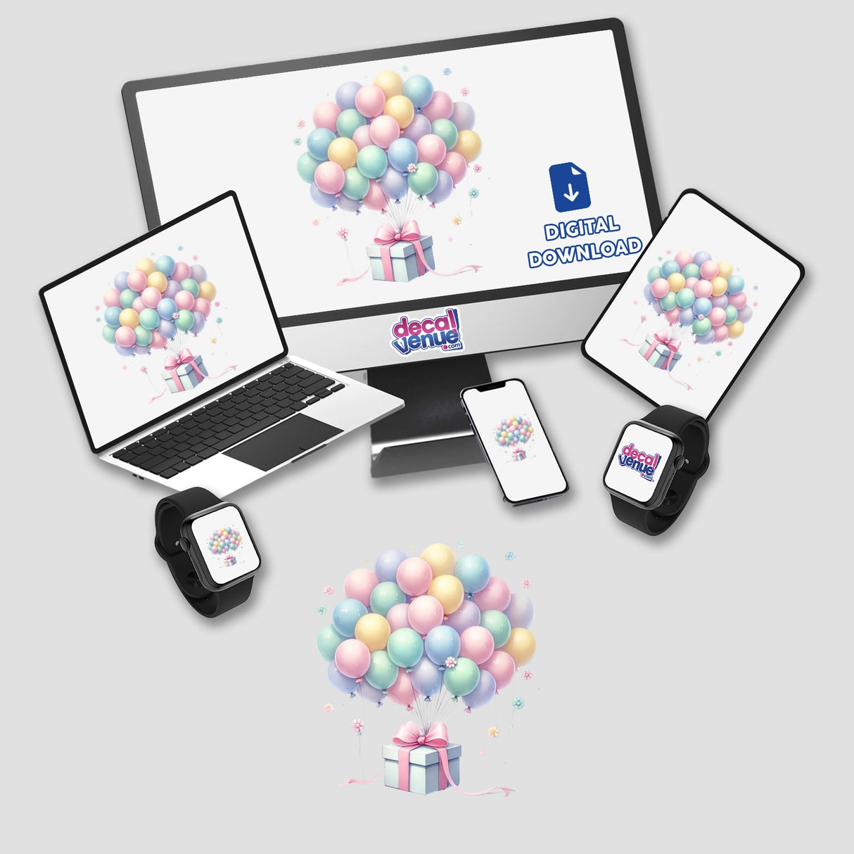 Pastel-colored balloon bouquet tied to a gift box, displayed across various digital devices including a laptop, smartphone, and smartwatch from the Decal Venue store.