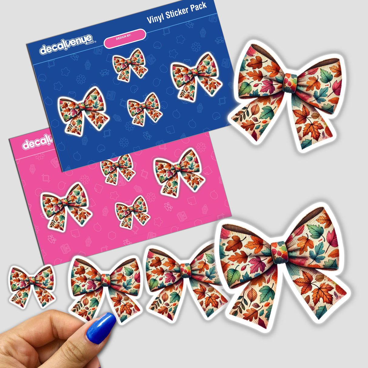 Autumn Leaves Pattern Coquette Bow stickers, featuring intricate bow designs with leaf accents. Available as stickers or digital artwork, ideal for embellishing personal items with a touch of nature.