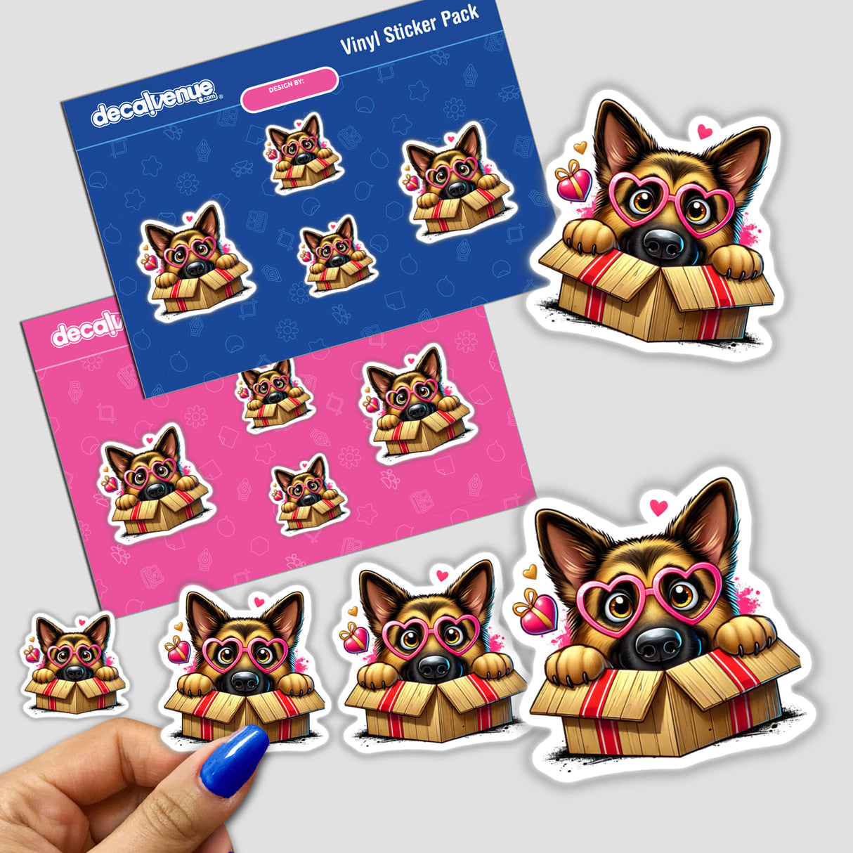 Peeking German Shepherd Nerdy Dog stickers featuring a cartoon dog peeking from a box, ideal for fans of unique vinyl decals or digital artwork from Decal Venue.