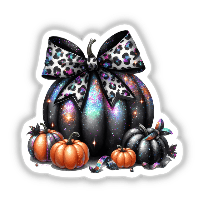 Prismatic Leopard Coquette Bow Pumpkin featuring a decorative bow, available as stickers or digital artwork.