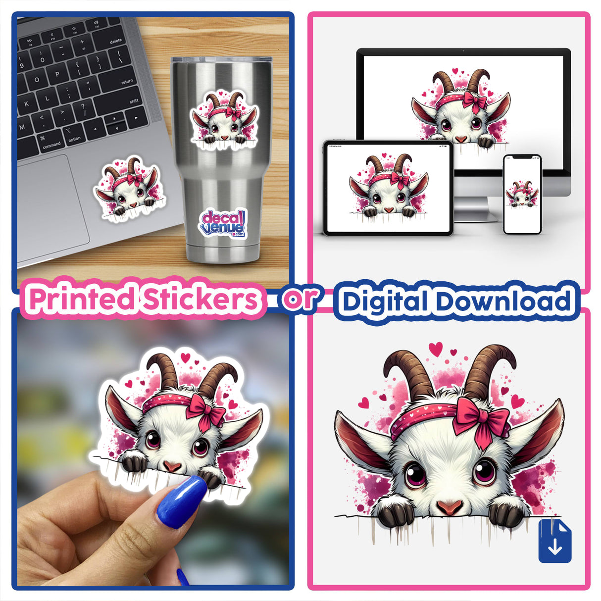 Peeking Goat Heart Splash II stickers and digital art featuring a cartoon goat with a pink bow, displayed on various items like a laptop, cup, and phone for versatile decoration.