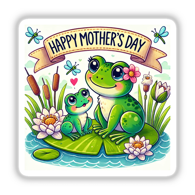 Happy Mother's Day Frogs in a Pond Illustration depicting charming frogs in a serene pond, available as stickers or digital artwork, capturing Decal Venue's unique artistic style.