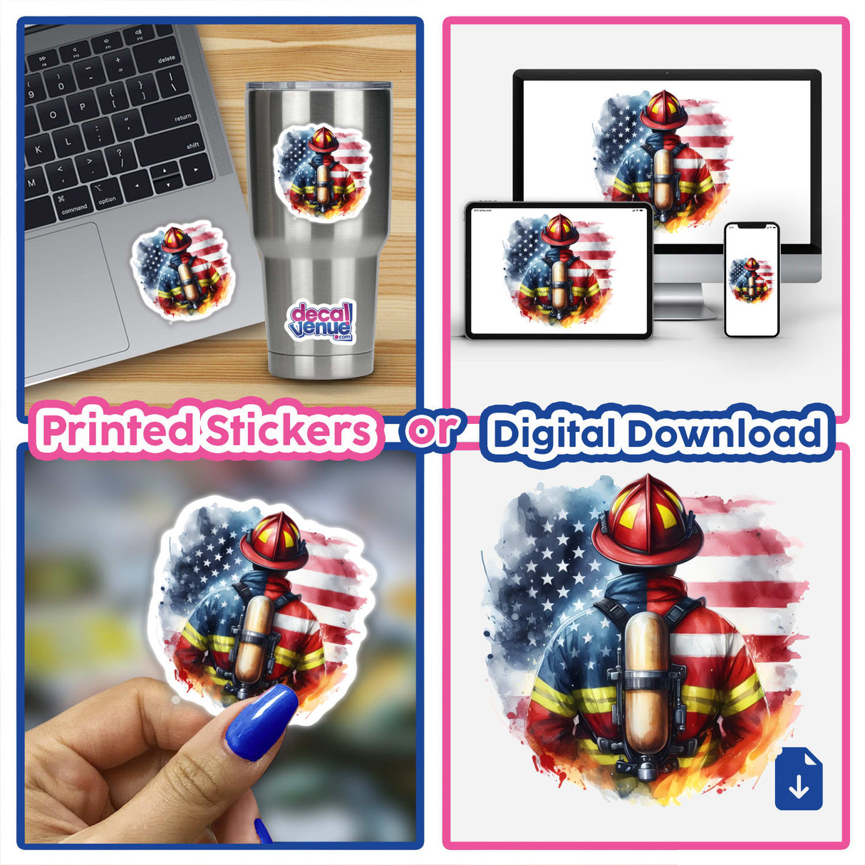 Firefighter Etched Into American Flag II: A collage featuring vinyl stickers of a firefighter integrated with an American flag, suitable for laptops or as digital artwork.