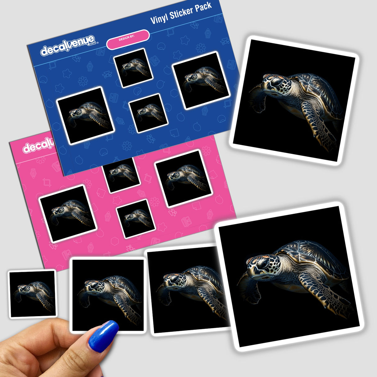 Hand holding a sticker pack featuring a Cinematic Sea Turtle Portrait on a black background.
