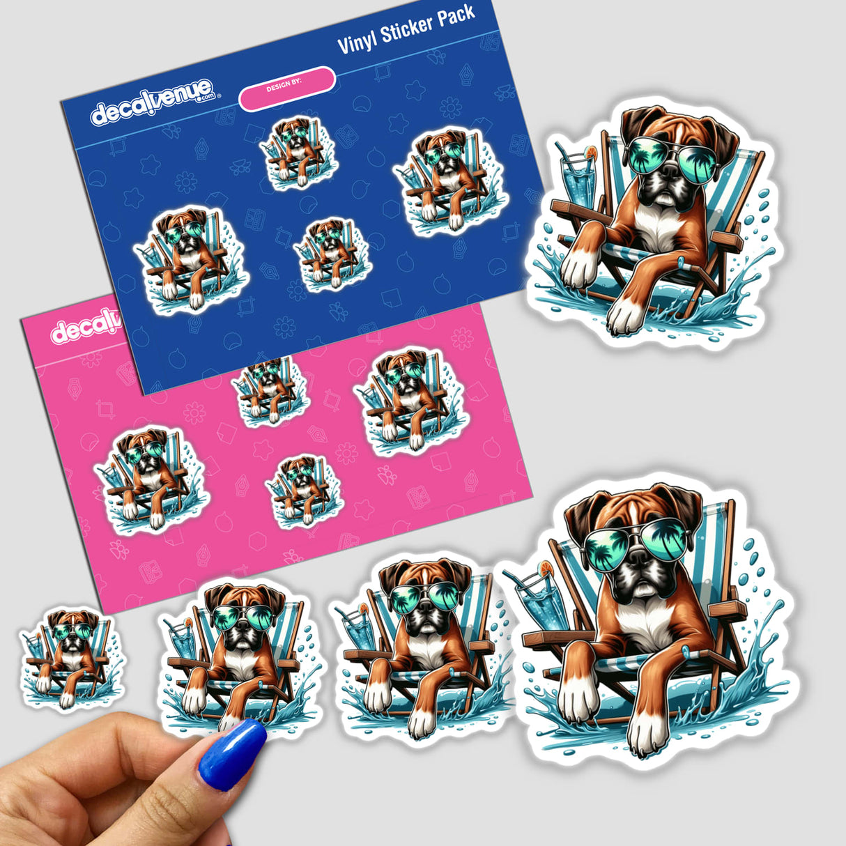 Peeking Boxer Dog Sitting in Beach Chair stickers, featuring a cartoon dog wearing sunglasses in a chair. Available as both unique vinyl stickers and digital artwork from Decal Venue.