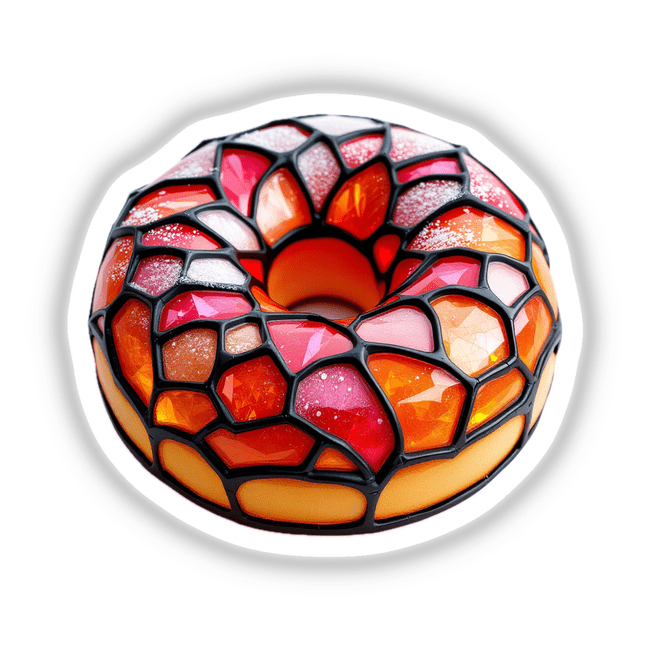 Sufganiyah (Jelly Donut) Stained Glass Style artwork features a vibrant, donut-like design with intricate patterns, available as unique stickers or digital art from Decal Venue.