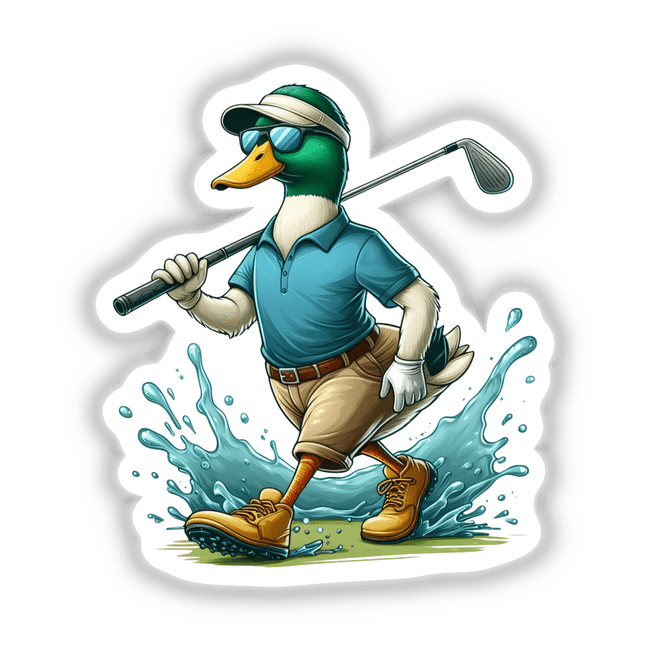 Confident Mallard Duck Golfer cartoon, featuring a duck in golf attire with sunglasses and a visor, holding a golf club. Available as stickers or digital artwork from Decal Venue.