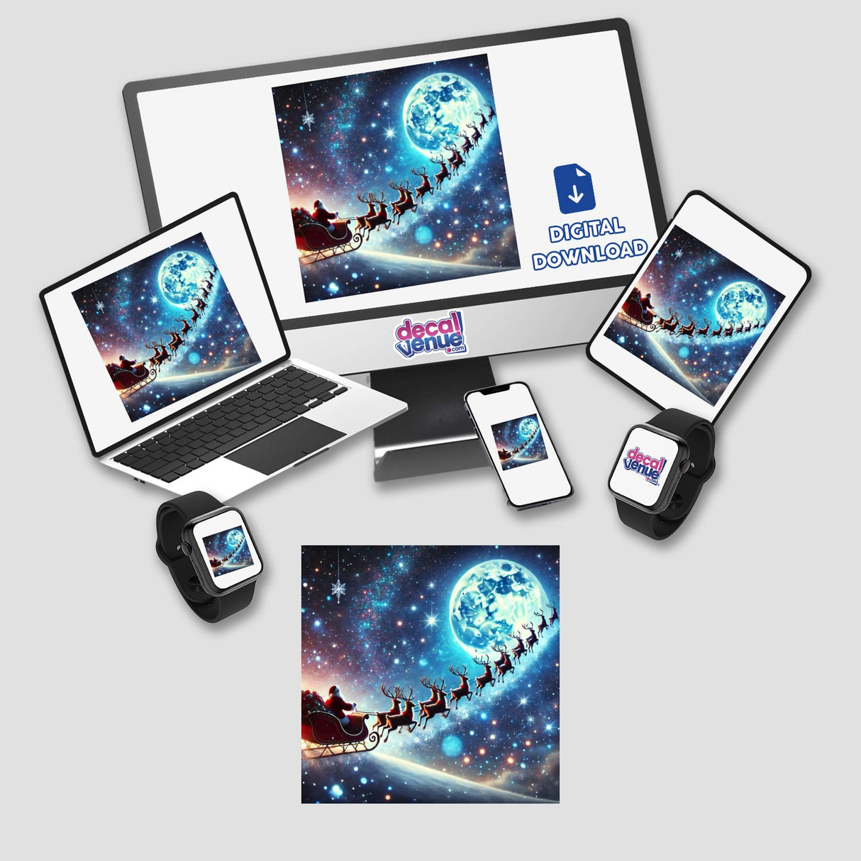 Starlit Sleigh - Santa’s Sleigh Flying Across a Starry Sky displayed on a computer monitor, laptop, tablet, phone, and smartwatch. Available as stickers or digital artwork.
