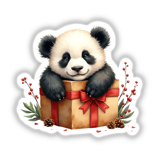 Baby Panda on Christmas Present Box, featuring a cartoon panda holding a gift box adorned with a red bow. Available as stickers or digital artwork from Decal Venue's unique collection.