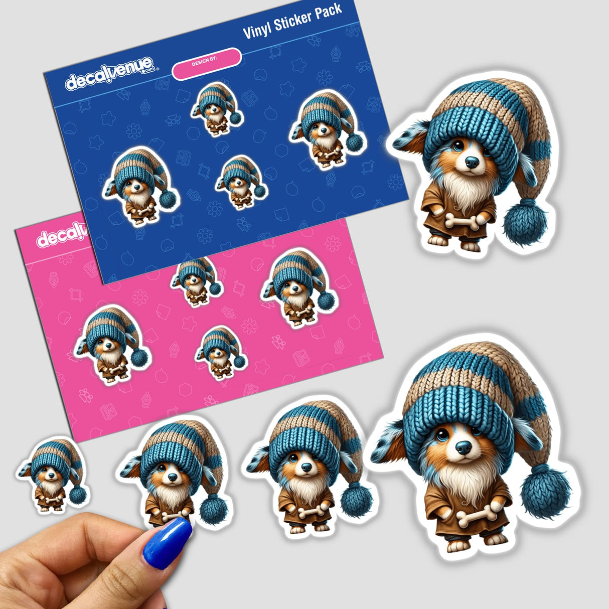 Australian Shepherd Gnome Holding Dog Bone sticker featuring a cartoon dog in a hat and coat, perfect for adding a whimsical touch to your collection.