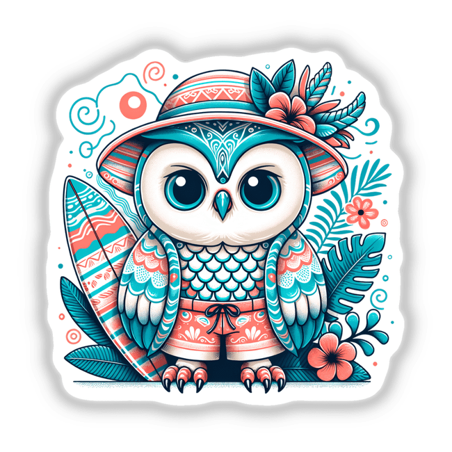 Owl in Summer Beach Hat with Surfboard