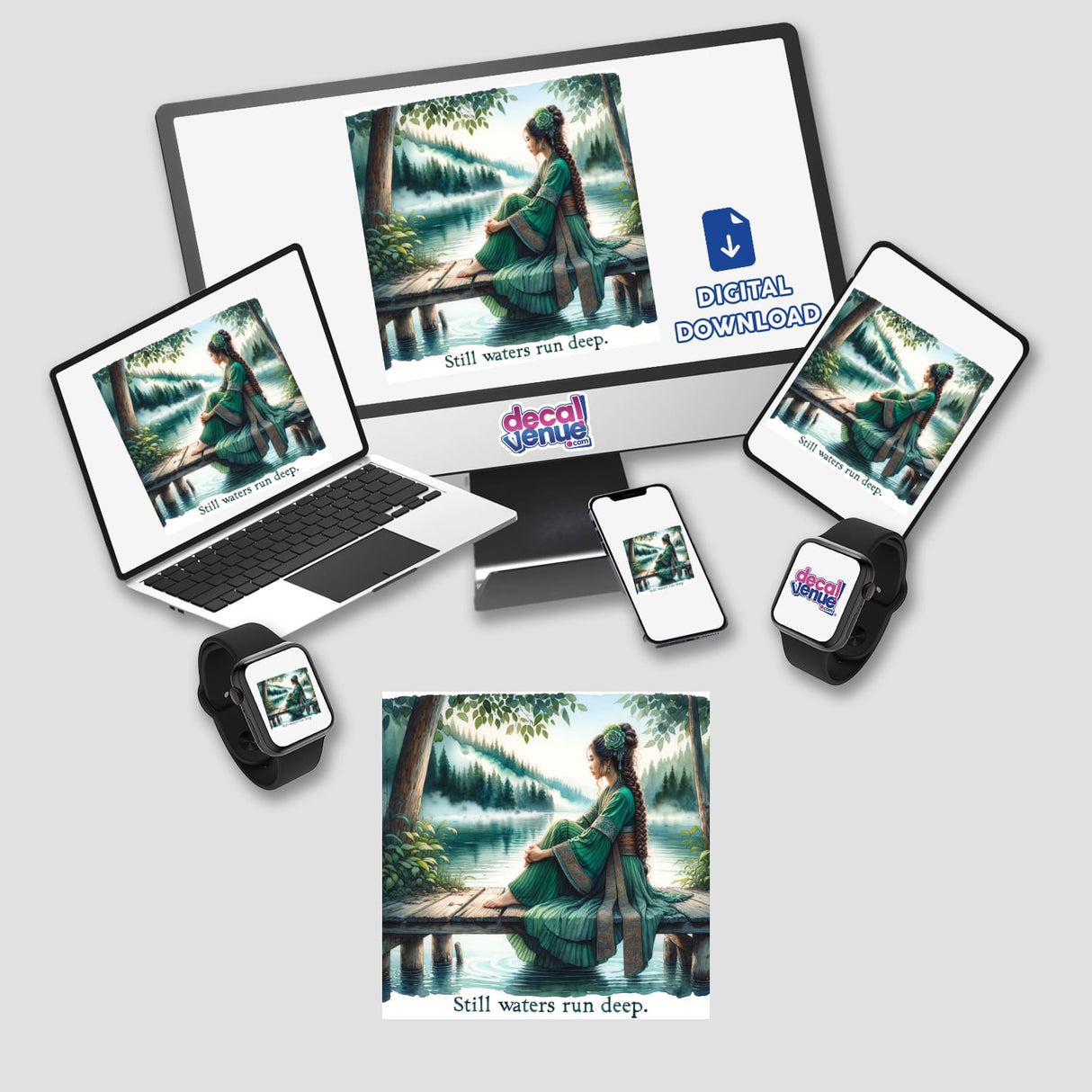 Image of stickers or digital artwork titled Woman on a Wooden Pier by a Lake – 'Still waters run deep', featuring a woman sitting peacefully on a dock, available at Decal Venue.