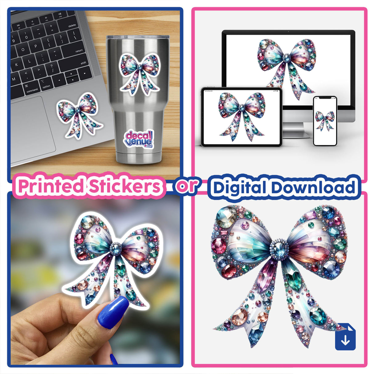Coquette Bow Jewels and Gemstones: a collage showcasing gem-studded bow stickers on a laptop, cell phone, and nails, highlighting their versatility for creative projects from Decal Venue.