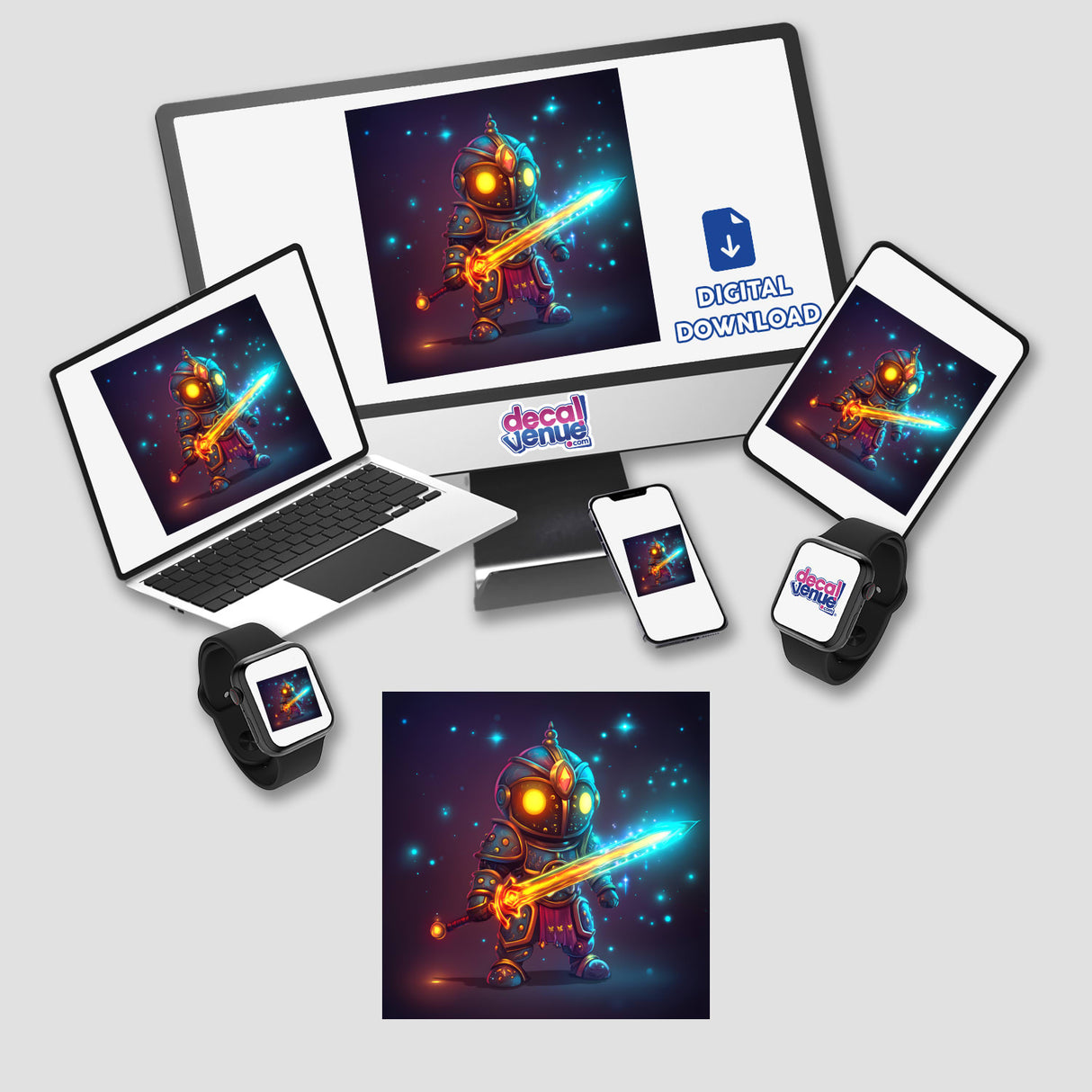 Heroic Knight with Enchanted Glowing Sword displayed across a computer monitor, laptop, tablet, and cellphone screen. Available as stickers or digital artwork.