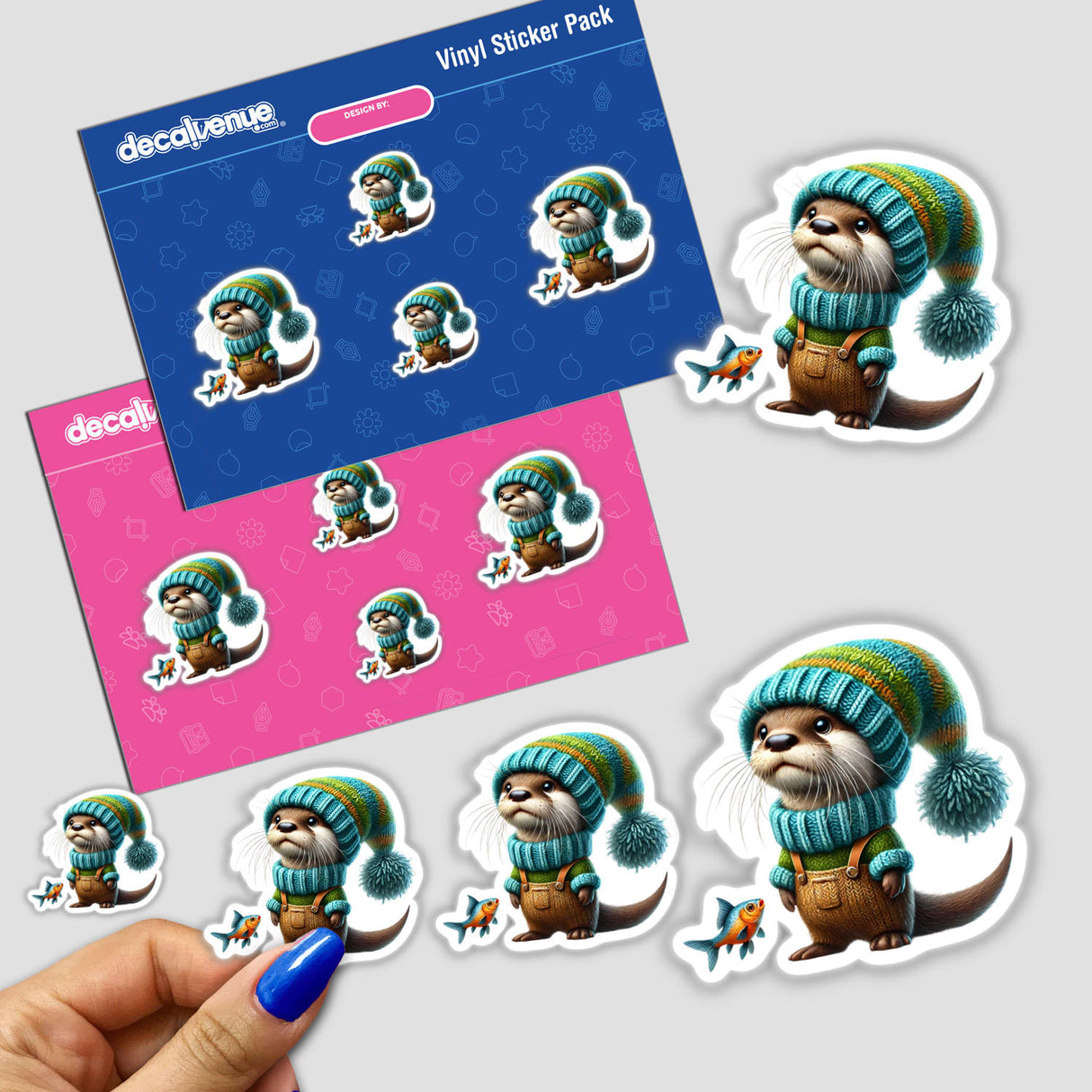 Otter Gnome with Fish sticker features a cartoon otter wearing a hat and overalls, holding a fish. Available as a sticker or digital artwork from Decal Venue.